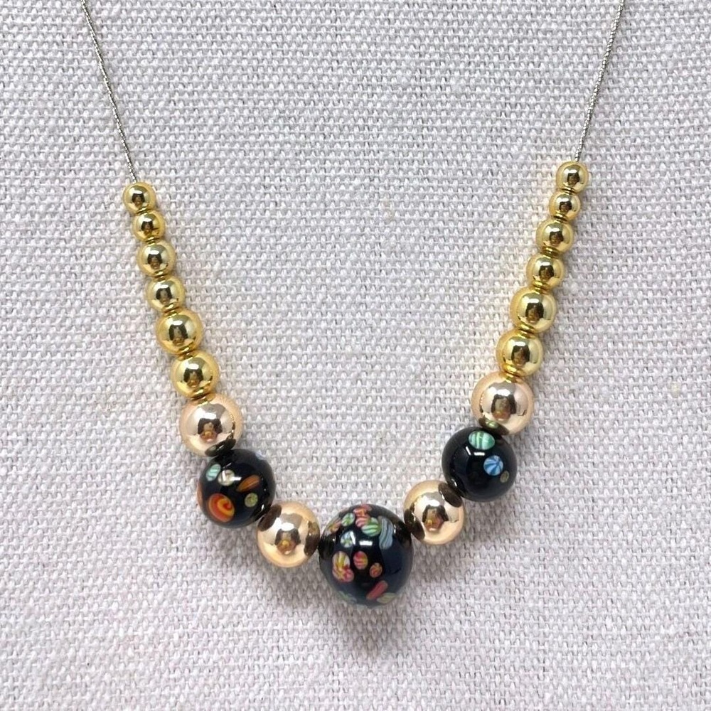 Vintage Millefiori Glass Bead Necklace Gold Tone Floral Black Murano Style 24in